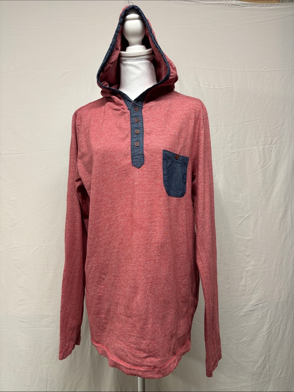 Men's Hooded Henley Pullover - Rust Red with Contrast Denim Trim
